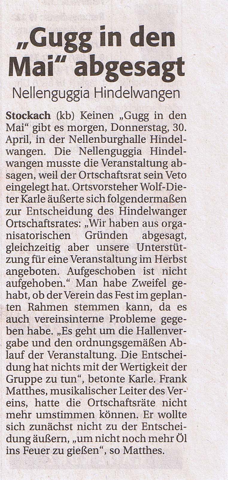 Gugg in den Mai abgesagt (Südkurier vom 29. 04. 2009)